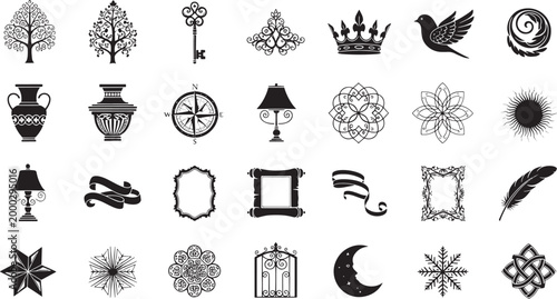 Collection of black decorative vintage ornamental and symbols tree ornate tree decorative tree stylized tree
