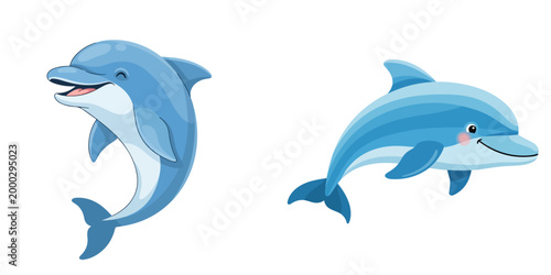 Two cartoon dolphins swimming joyfully, one smiling with its mouth open and the other with a gentle smile