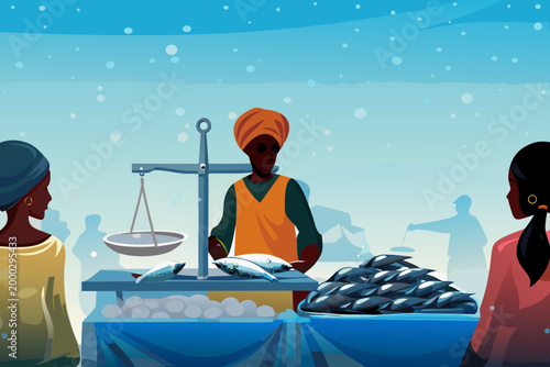 Vendor Weighing Fresh Fish on Scale While Customer