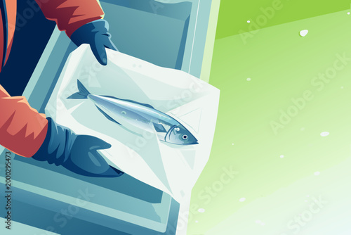 Vendor Wrapping Fish in Paper For Customer After s