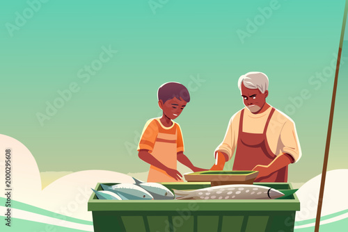 Young Vendor Learning to Sell Fish Under Guidance