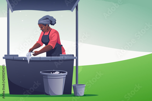 Woman Vendor Cleaning Fish With Water Bucket And t