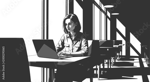 A young woman working on a laptop in a modern cafe with dramatic shadows. Design for remote work articles, freelance business blogs, or coworking space advertisements. Transparent EPS version.