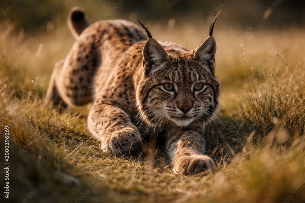 Fototapeta premium Iberian Lynx Engaged in Playful Stalking on Grassland
