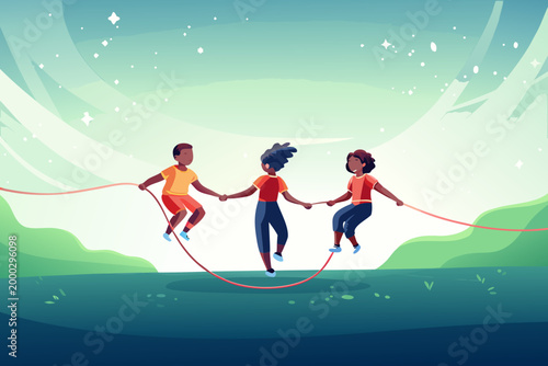 Children Jumping Rope Together in Open Park Space