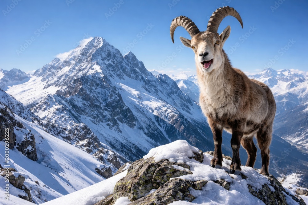 Obraz premium Cheerful mountain goat exploring snowy alpine peak with blue sky