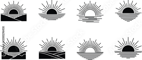 Collection of eight black and white minimalist sunburst over landscapes and water sunrise sunset rays