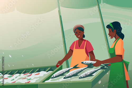 Customer Selecting Fish While Vendor Explains Fres