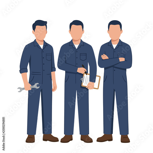 Three Male Mechanics in Blue Coveralls with Wrench and Clipboard Standing Together in Flat Design Vector Illustration on Transparent Background