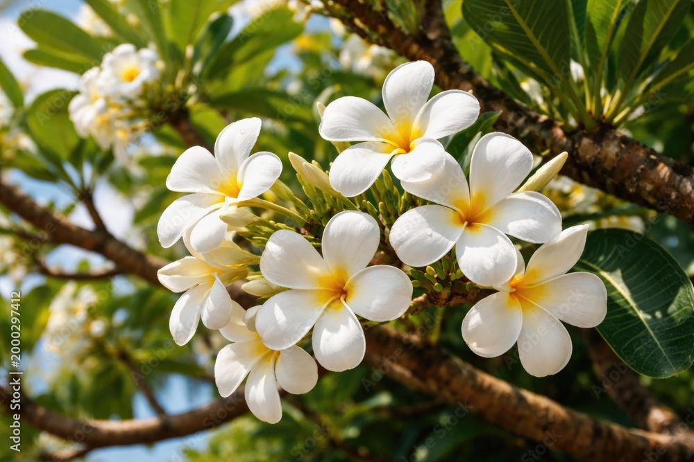 Obraz premium Close up of white plumeria flowers growing on vibrant tree limbs