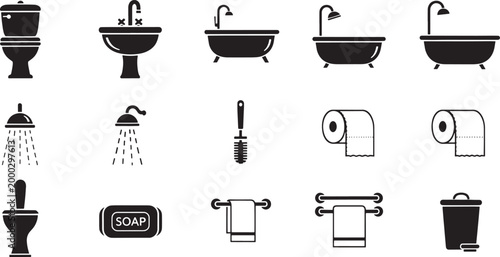 Black and white of bathroom fixtures and accessories arranged in rows toilet sink bathtub shower
