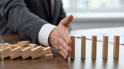 Hand of a businessman stopping a chain reaction of falling wooden blocks, concept for crisis prevention and risk management in business