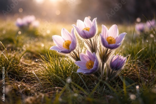 Early spring pasqueflower blooming in meadow with fresh grass