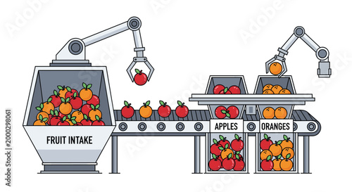 Dual robotic arms process and sort different types of fruit from a central intake hopper into organized bins within an automated industrial sorting factory setting.
