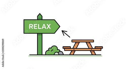 A wooden picnic table sits near a green directional signpost with the text relax on a clean white background in a simple flat vector illustration.