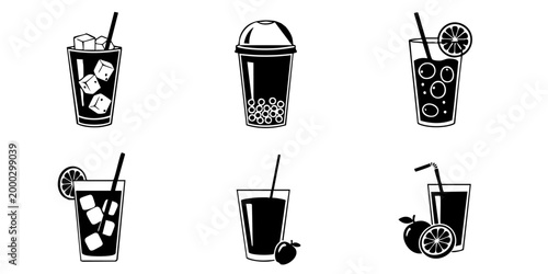 Illustrations of various drinks with straws and fruits on a white background