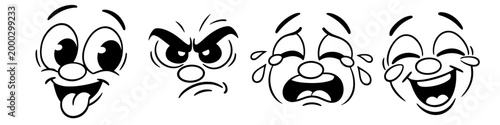 Four oversized cartoon faces displaying rage, crying with tears, and shock expressions on transparent background. High-impact design for stickers and prints.