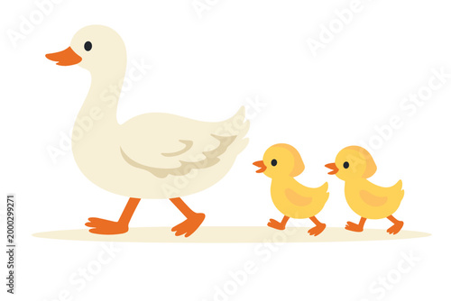 A cartoon mother goose with ducklings walking in a row on transparent background. Cute white goose parent leading yellow baby ducks in a charming spring animal illustration.
