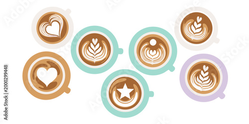 A collection of colorful coffee cups with various designs on a plain surface