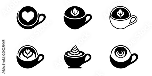 Six coffee cups with various designs are shown on a table.