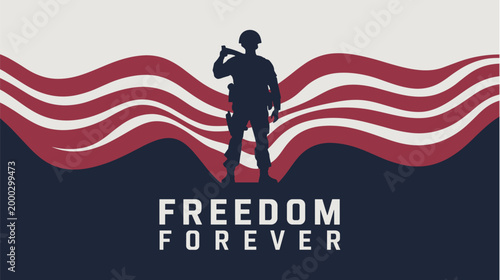 Soldier silhouette against wavy American flag with “Freedom Forever” text