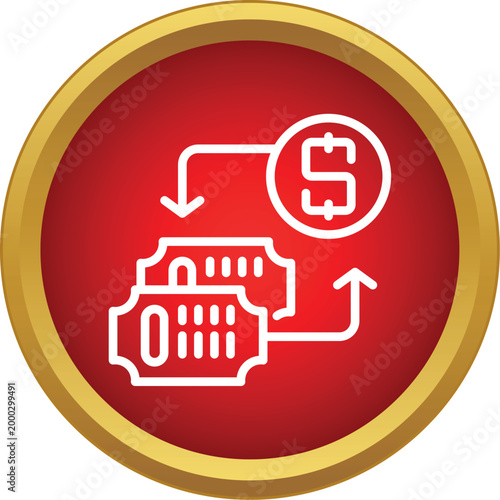 Tickets converting into money and vice versa inside a red circle icon
