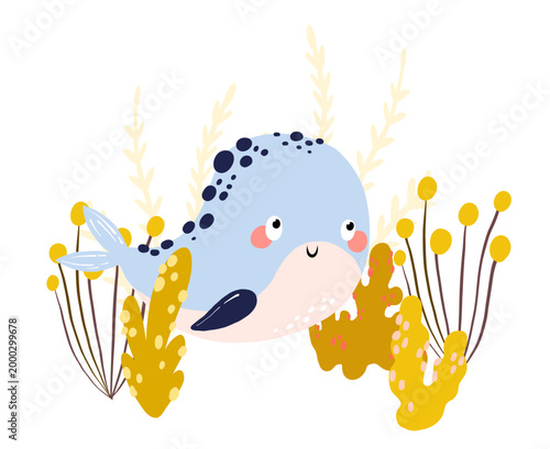 Cute Blue Baby Whale Swimming in Yellow Seaweed for Newborn Boy Birthday Card Hand Drawn Undersea Illustration for Nursery Poster Isolated on White