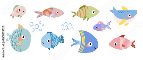 Set of colorful tropical fish collection for educational posters kids birthday cards pattern design and baby shower invitations hand drawn undersea wildlife clipart