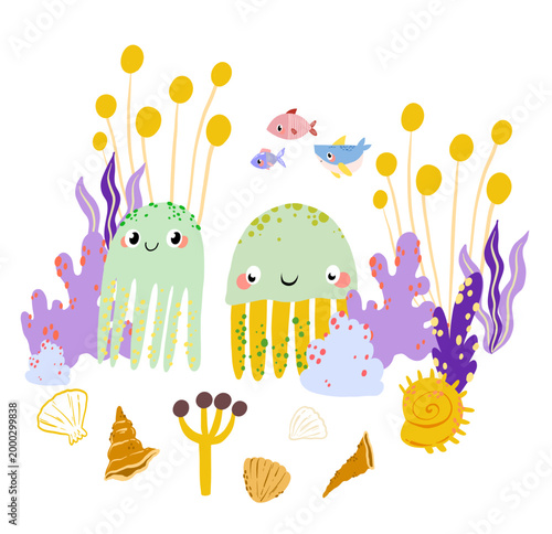 Two cute jellyfish in coral reef for baby bedroom decor ocean theme birthday party invitations and children scrapbooking hand drawn underwater scene illustratio
