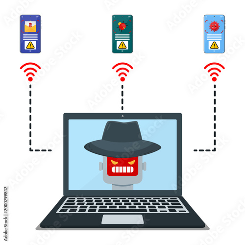 Robot hacker attacks multiple smartphones with malware, bug and virus via wireless connection from laptop. Concept of malware attack, data breach and network intrusion.