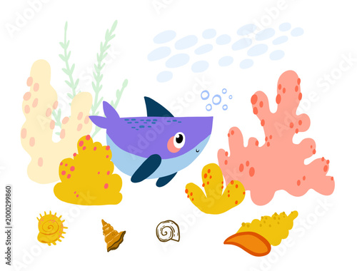 Little purple shark with coral and shells for newborn boy birthday cards baby shower invitations and nursery room posters hand drawn cartoon undersea illustration