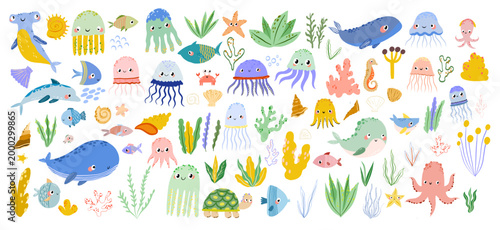 Big Collection of Undersea Animals and Plants for Kids Birthday Party Invitation Hand Drawn Cute Fish Whale Octopus Turtle and Seaweed Isolated on White