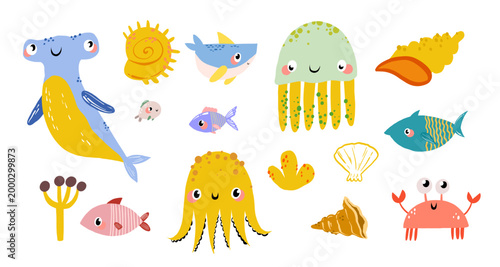 Underwater world characters set with crab hammerhead and octopus for baby birthday banners nursery wall stickers and educational books hand drawn cartoon illustration