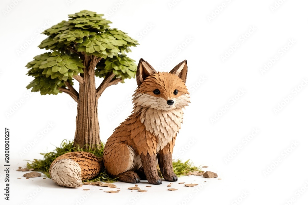 Fototapeta premium Handmade fox crafted from cardboard by tree on simple white background with copy space