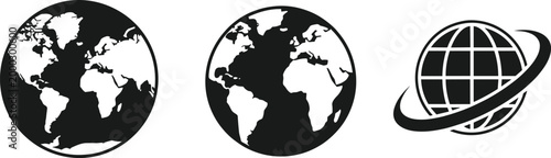 World Globe Icon Set with Earth Map and Global Orbit Symbol Vector Illustration