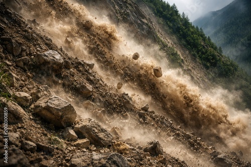Gravity driven movement of earth and rock debris on a steep slope