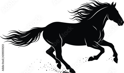 Black and white silhouette of a galloping horse with flowing mane and tail, dynamic pose editable vector silhouette