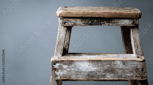 Rustic wooden step stool with weathered texture and neutral background