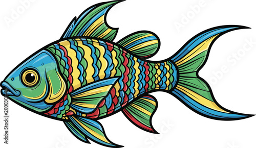 Colorful Decorative Tropical Fish Illustration with Detailed Scales Pattern Marine Aquarium Animal Vector Design