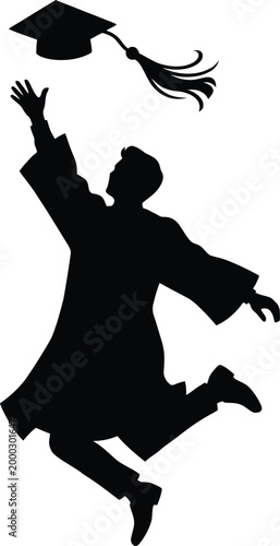Graduation silhouette of a person jumping with mortarboard and tassel celebrating academic achievement editable vector silhouette