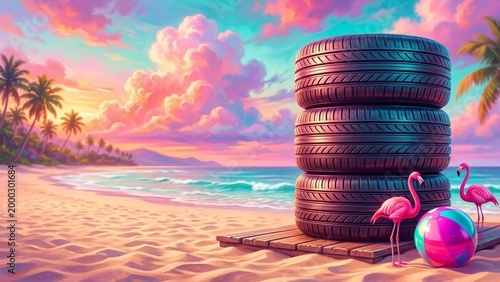 Stacked car tires with pink flamingos and colorful beach ball on tropical beach at sunset. Surreal summer vacation and whimsical paradise concept in vibrant digital illustration for creative design