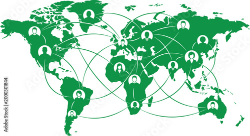 Global network map with interconnected green icons representing international collaboration or communication editable vector silhouette