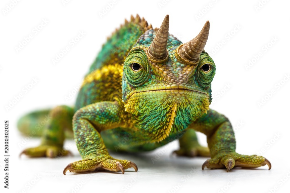 Fototapeta premium Jacksons horned chameleon facing forward with vivid scales on white surface