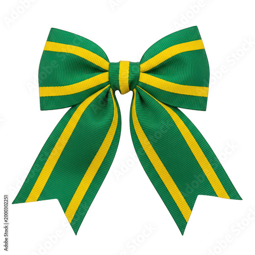Green and yellow striped ribbon bow, decorative fabric bow tie with school colors, festive satin accessory for gift wrapping and celebration