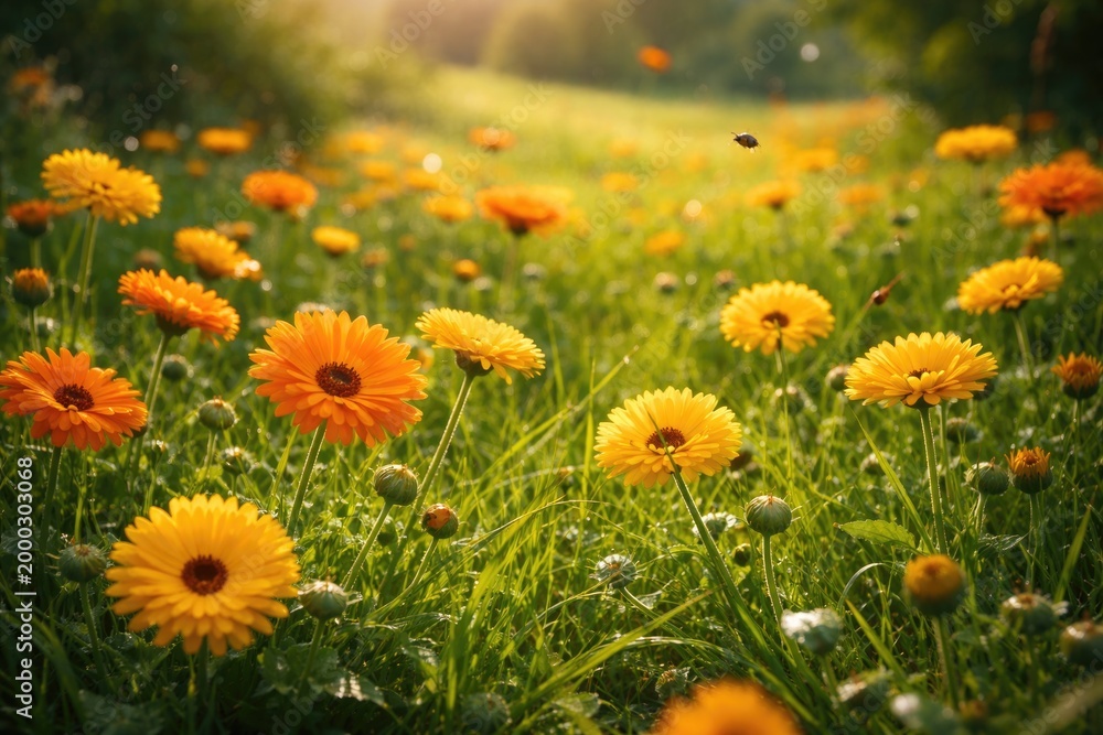 Obraz premium Cheerful calendula flowers playing amid a sprawling meadow and fresh green lawn