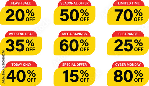 Collection of discount offer labels for sales promotions and special offers  various percentages and phrases for marketing and advertising use