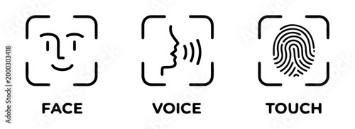 Biometric security icon set, face recognition and voice authentication symbols, fingerprint touch ID scanner graphics for digital safety and privacy