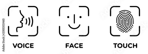 Biometric authentication icon set, voice face and touch recognition symbols, black line art security identification icons for mobile app UI