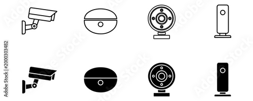 Security camera icon set, 8 surveillance system line and solid icons, CCTV monitoring equipment symbols for home safety and business protection