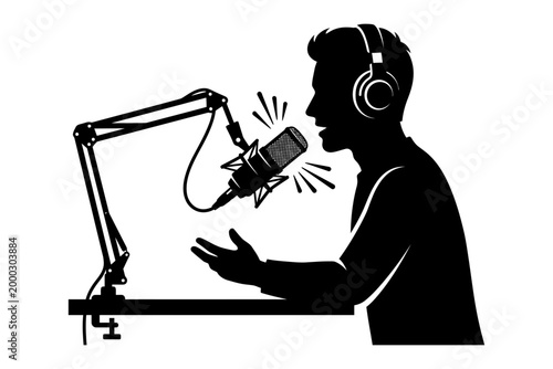 Person speaking into microphone with headphones and sound waves illustration for podcast or broadcasting editable vector silhouette